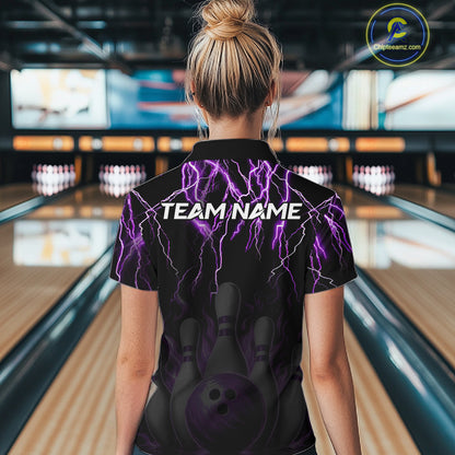 Woman wearing a black and purple thunder lightning lion quarter zip bowling shirt front view, personalized bowling team apparel.