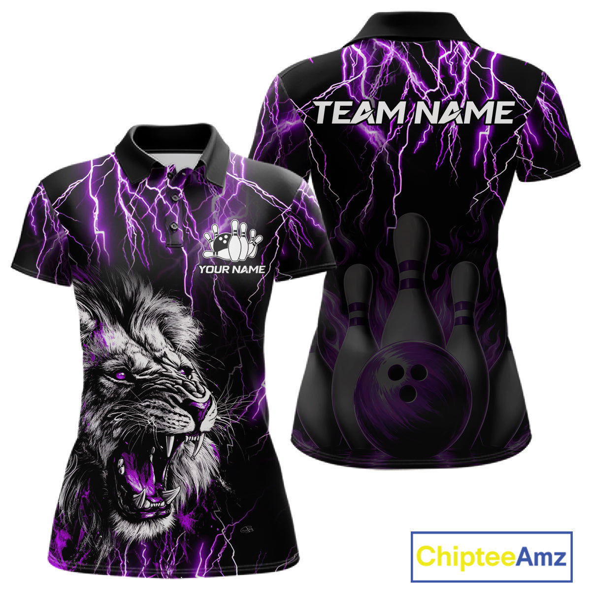 Black and purple thunder lightning lion custom bowling polo shirt for women, personalized bowling team jersey for league tournaments.
