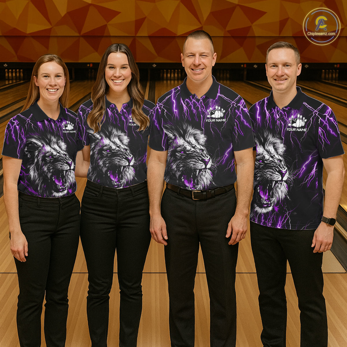 Bowling team wearing matching black and purple thunder lightning lion custom bowling jerseys front view.