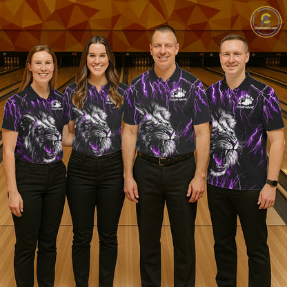 Bowling team wearing matching black and purple thunder lightning lion custom bowling jerseys front view.