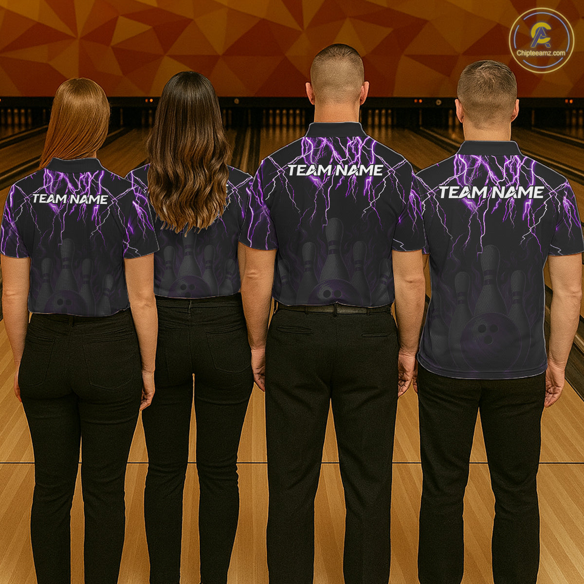 Back view of bowling team wearing matching black and purple bowling league jers