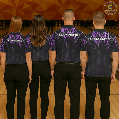 Back view of bowling team wearing matching black and purple bowling league jers