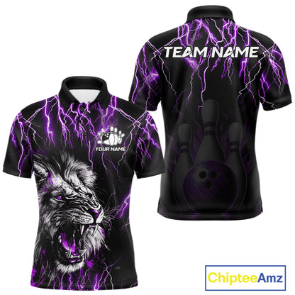 Black and purple thunder lightning lion bowling team polo shirt for men with custom league graphics.