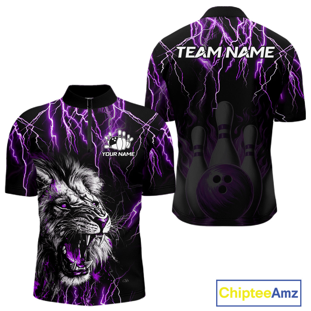 Black and purple thunder lightning lion quarter zip bowling shirt for men, custom bowling team jersey and tournament apparel.