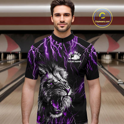 Man wearing a black and purple thunder lightning lion quarter zip bowling shirt front view, personalized bowling team apparel.