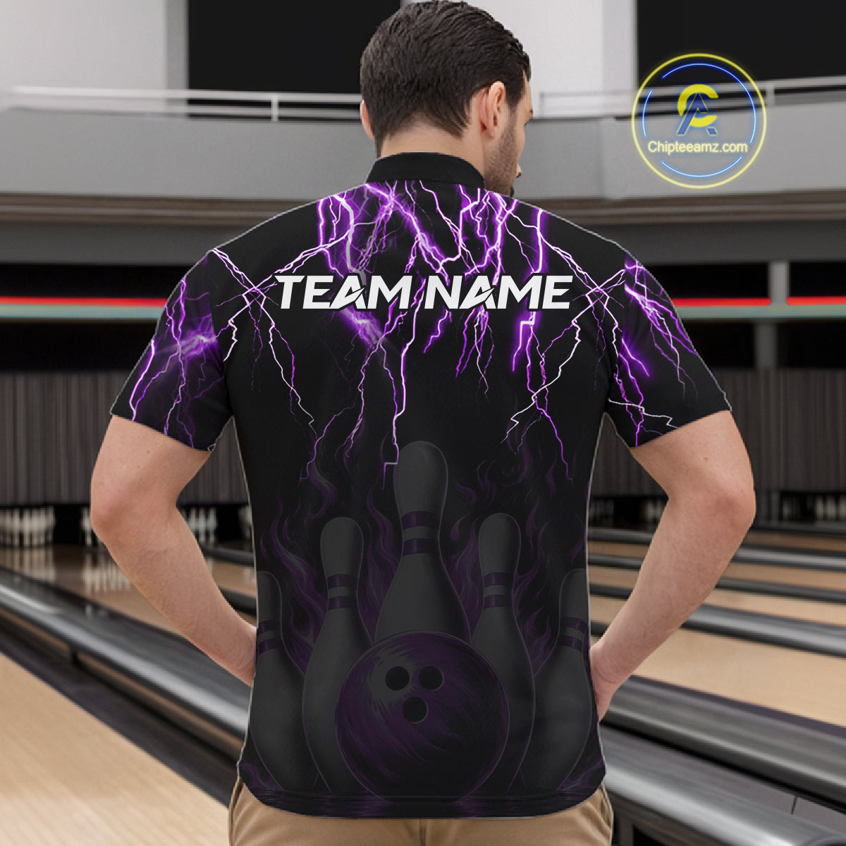 Back view of man wearing a black and purple thunder lightning lion quarter zip bowling shirt, bowling league team uniform.