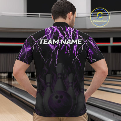 Back view of man wearing a black and purple thunder lightning lion quarter zip bowling shirt, bowling league team uniform.