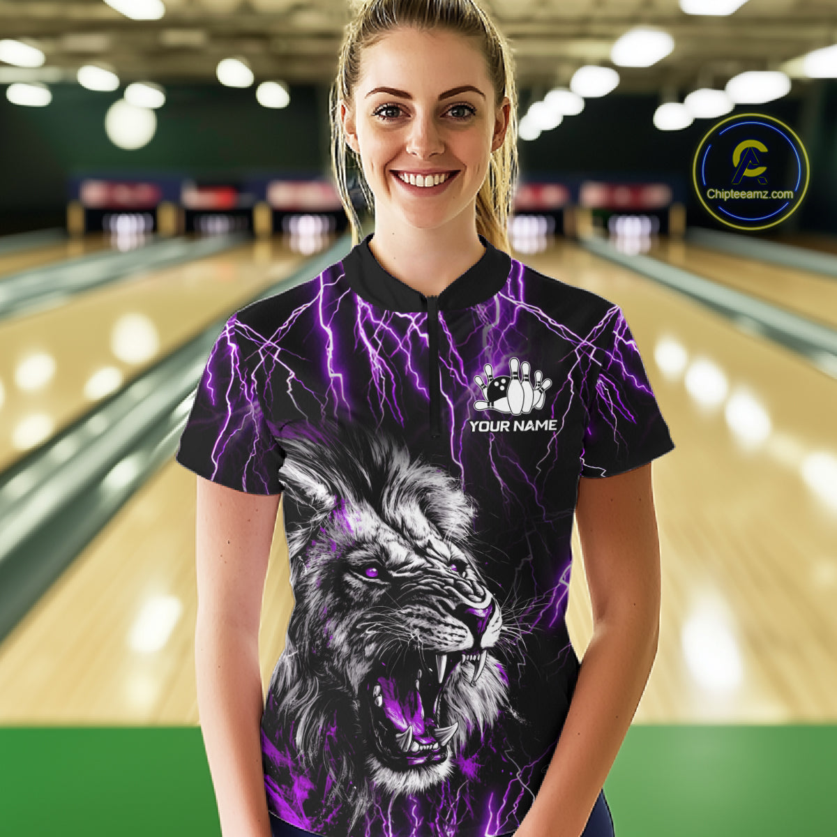 Woman wearing a black and purple thunder lightning lion bowling polo shirt front view, custom bowling league jersey for women.