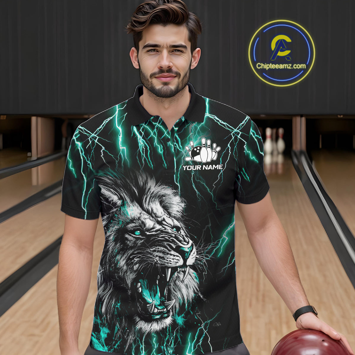 Man wearing a black and turquoise thunder lightning lion bowling polo shirt front view, custom bowling league jersey for men.