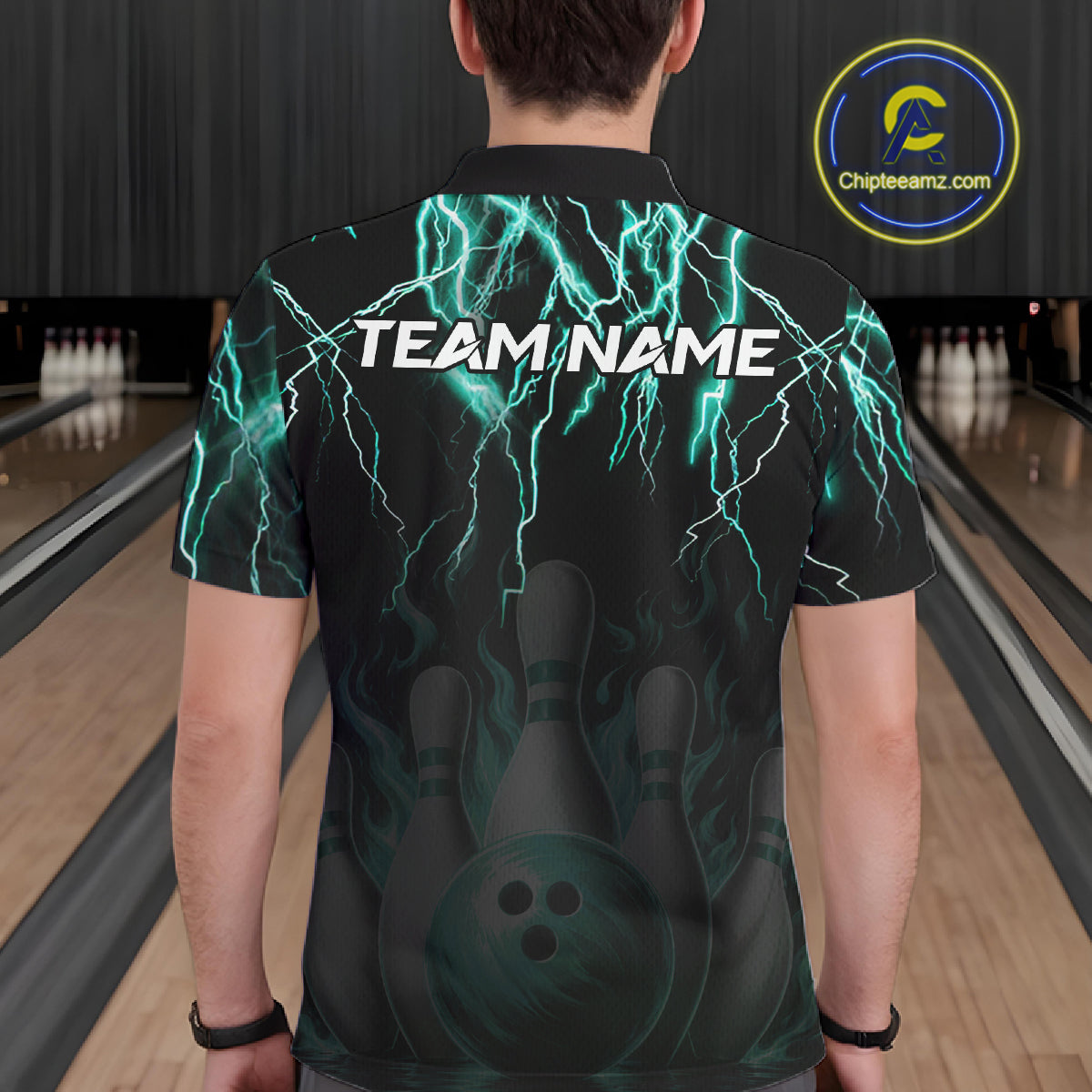 Back view of man wearing a black and turquoise thunder lightning lion bowling polo shirt, custom bowling team jersey design.