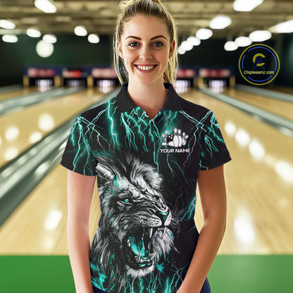 Woman wearing a black and turquoise thunder lightning lion bowling polo shirt front view, custom bowling league jersey for women.
