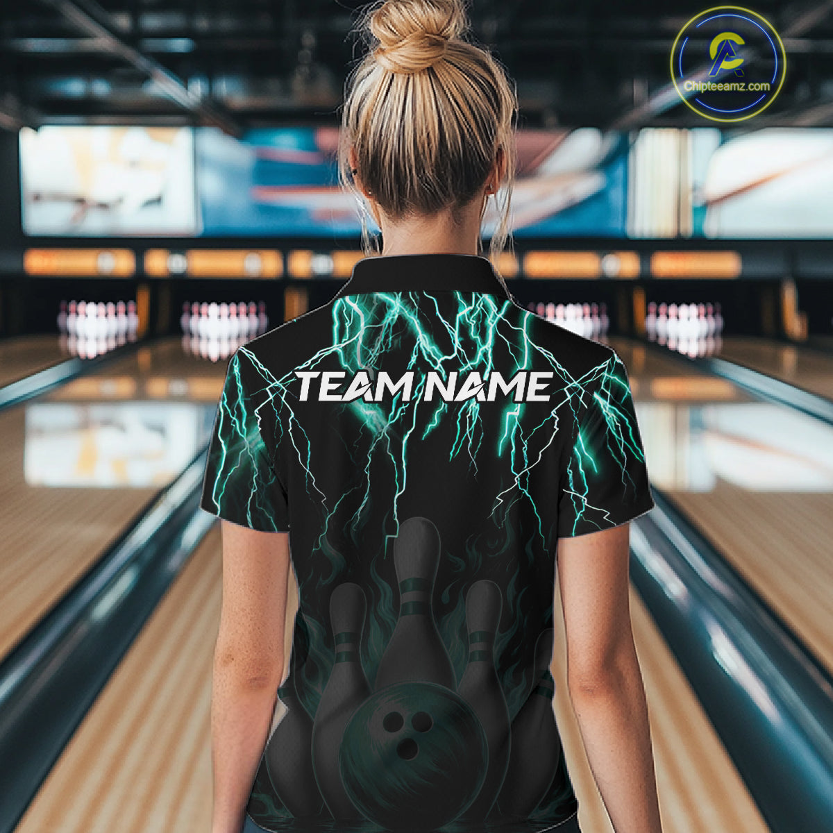 Back view of woman wearing a black and turquoise thunder lightning lion bowling polo shirt, custom bowling team jersey design.