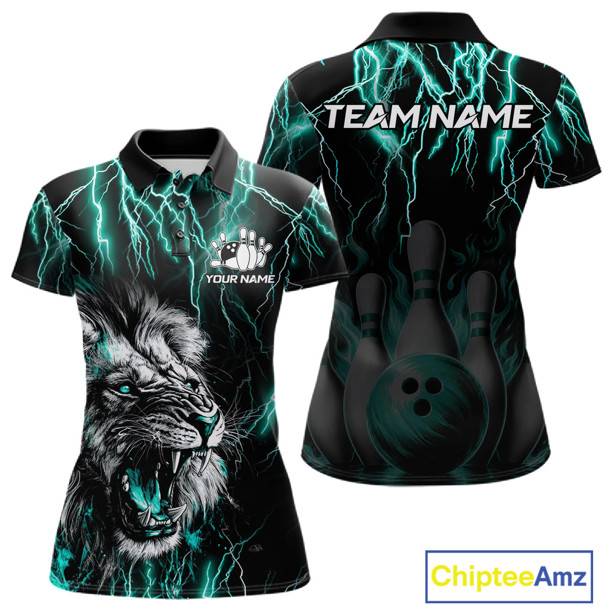 Black and turquoise thunder lightning lion bowling team polo shirt for women with custom league graphics.