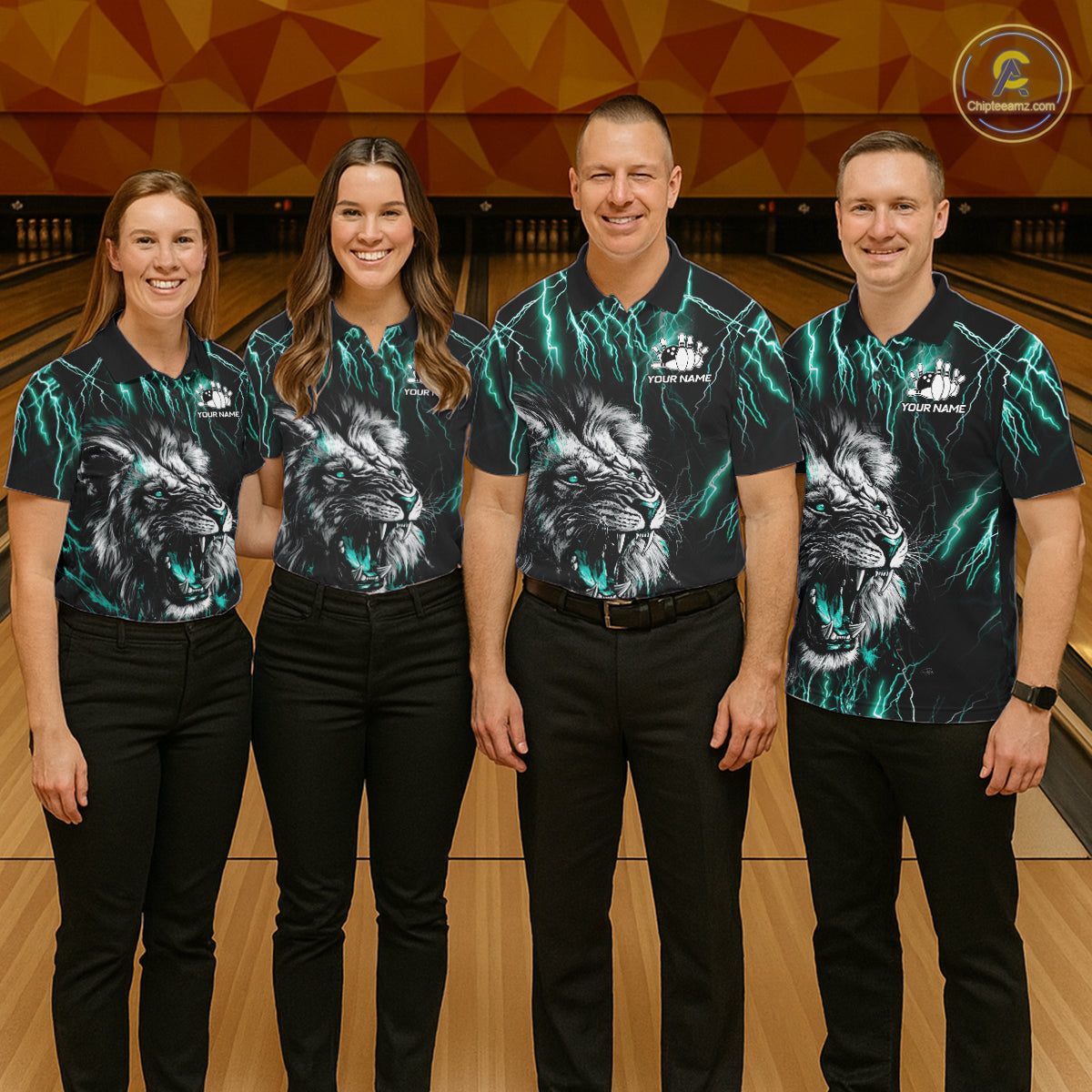 Bowling team wearing matching black and turquoise thunder lightning lion custom bowling jerseys front view.