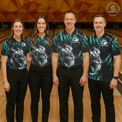 Bowling team wearing matching black and turquoise thunder lightning lion custom bowling jerseys front view.