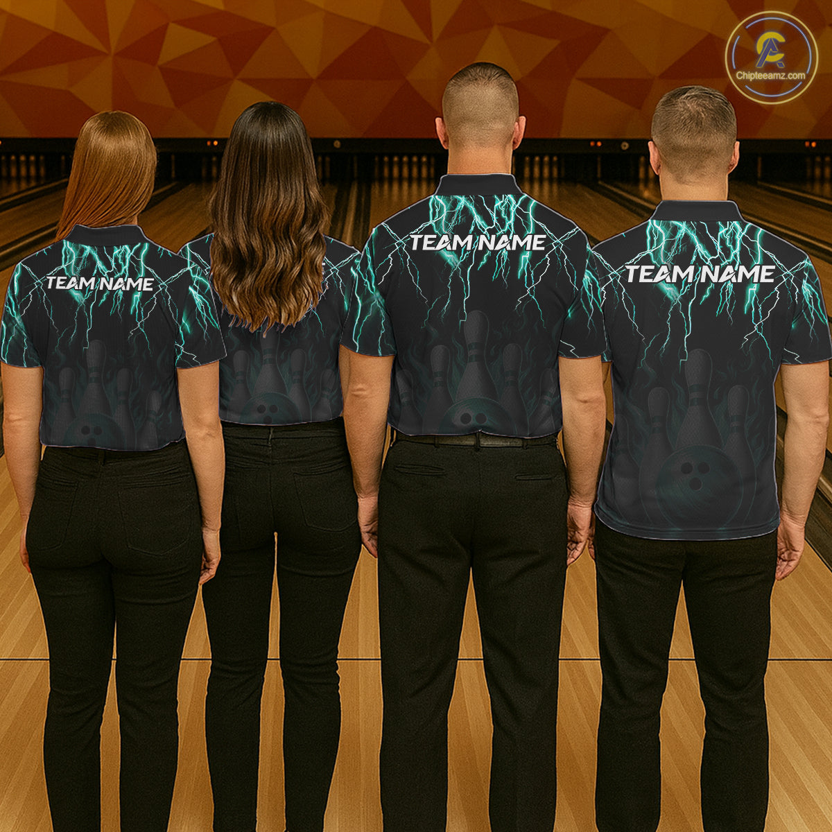 Back view of bowling team wearing matching black and turquoise bowling league jerseys.