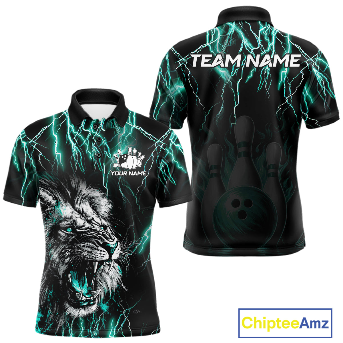 Black and turquoise thunder lightning lion bowling team polo shirt for men with custom league graphics.