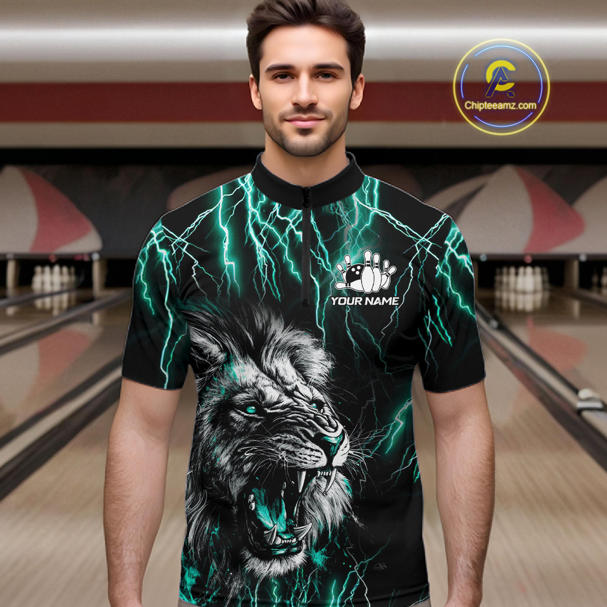Man wearing a black and turquoise thunder lightning lion quarter zip bowling shirt front view, personalized bowling team apparel.