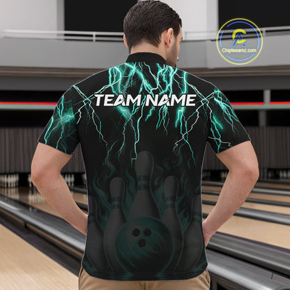 Back view of man wearing a black and turquoise thunder lightning lion quarter zip bowling shirt, bowling league team uniform.