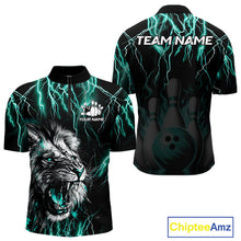Load image into Gallery viewer, Black and turquoise thunder lightning lion quarter zip bowling shirt for men, custom bowling team jersey and tournament apparel.