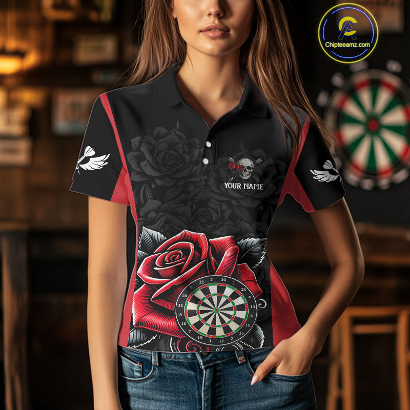Black And Red Dartboard Roses And Skull Darts Shirt For Women Custom Darts Jersey Outfit, Dart Gift TDM4433