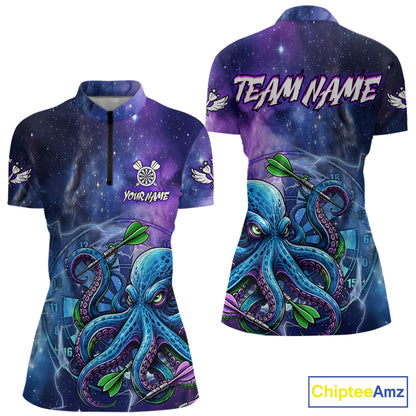 Funny Octopus Blue Purple Galaxy Quarter Zip Darts Shirt Created for Competitive Dart League Teams with Performance Fabric and Tournament Ready Team Design