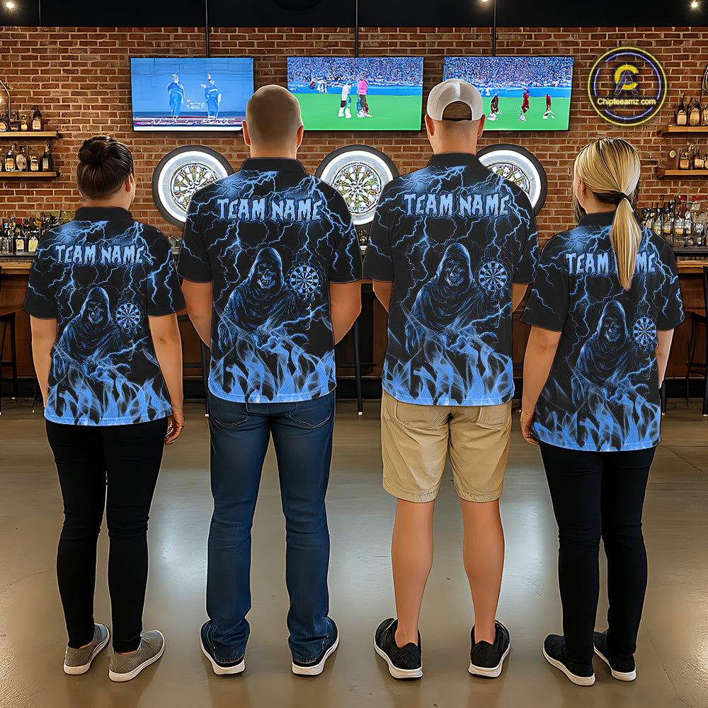 Dart Team Wearing Turquoise Grim Reaper Fire Flame Custom Darts Team Jerseys Featuring the Complete Back Artwork, Back View