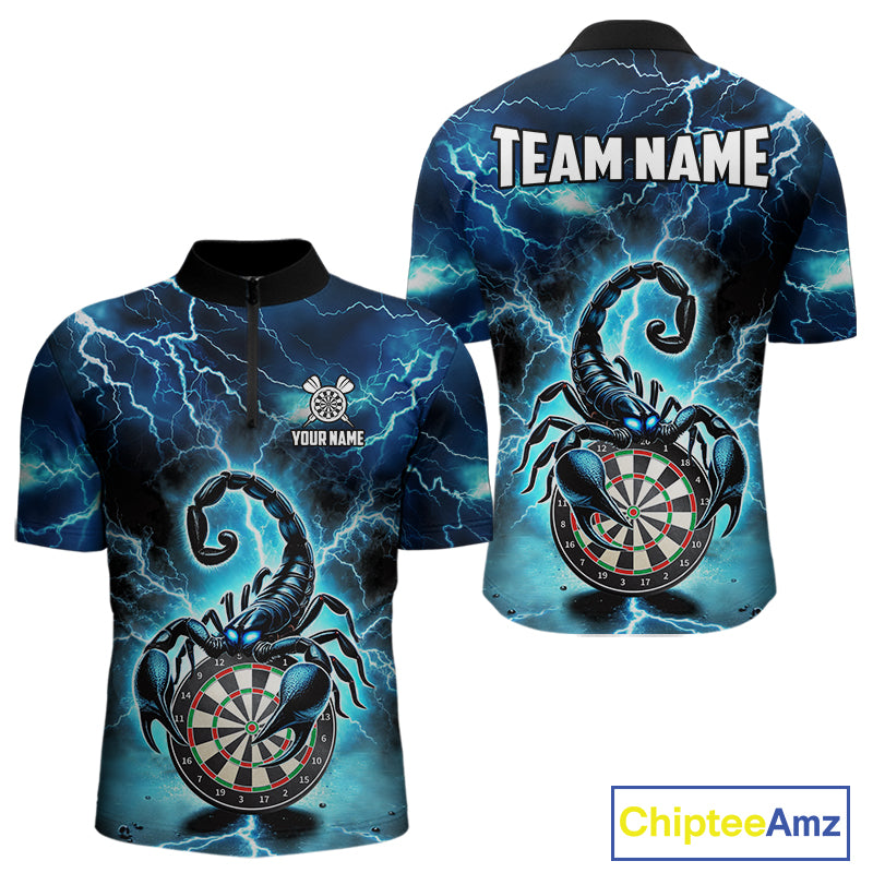 Blue Lightning Thunder Scorpion Darts Shirt Polo & 1/4 Zip For Men Custom Darts League Team Jersey TDM4864