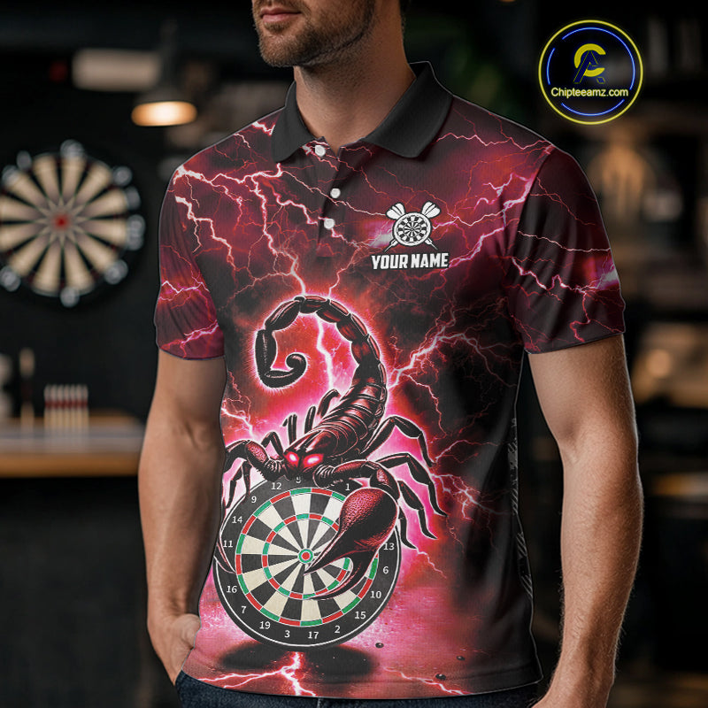 Red Lightning Thunder Scorpion Darts Shirt Polo & 1/4 Zip For Men Custom Darts League Team Jersey TDM4866