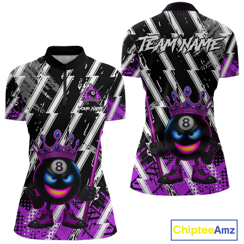 Funny 8 Ball Pool Crown Billiard Shirt For Women Custom Billiard Jersey Team Polo & 1/4 Zip |Purple TDM5083