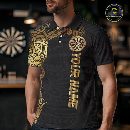 Personalized Gold Black Tribal Darts Shirt For Men Custom Darts Jersey Team Polo & Quarter Zip TDM5557