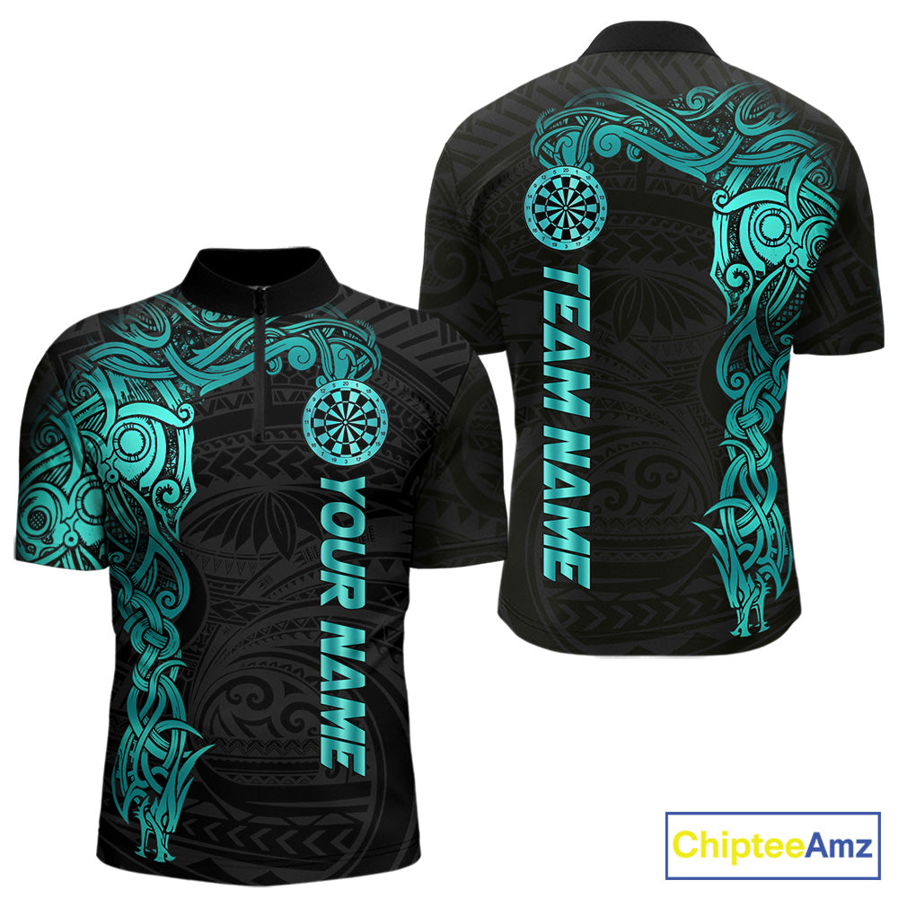 Black And Turquoise Tribal Darts Shirt For Men Custom Darts Jersey Team Polo & Quarter Zip TDM5559