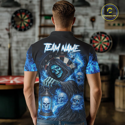 Blue Grim Reaper Flame Darts Shirt For Men Custom Skull Darts League Jersey Team Polo & Quarter Zip TDM5560