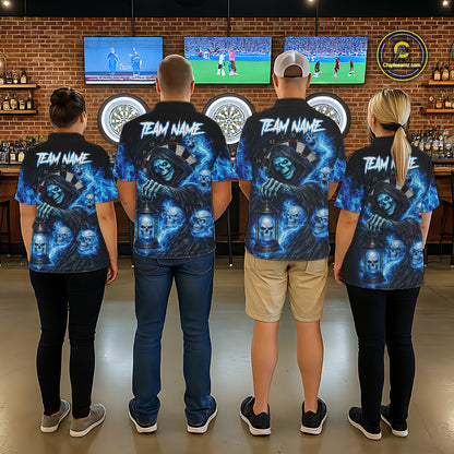 Blue Grim Reaper Flame Darts Shirt For Women Custom Skull Darts League Jersey Team Polo & Quarter Zip TDM5560
