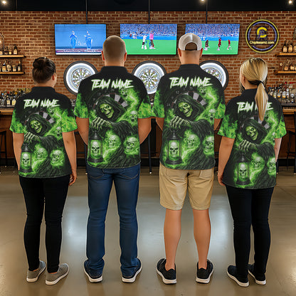 Green Grim Reaper Flame Darts Shirt For Men Custom Skull Darts League Jersey Team Polo & 1/4 Zip TDM5561