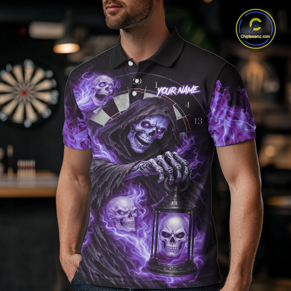 Purple Grim Reaper Flame Darts Shirt For Men Custom Skull Darts League Jersey Team Polo & 1/4 Zip TDM5562