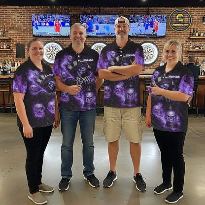 Purple Grim Reaper Flame Darts Shirt For Men Custom Skull Darts League Jersey Team Polo & 1/4 Zip TDM5562