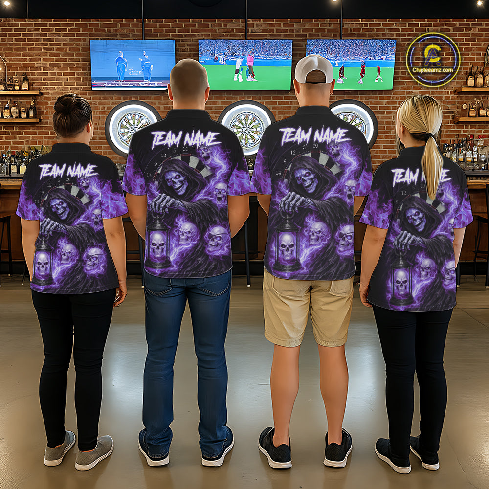 Purple Grim Reaper Flame Darts Shirt For Men Custom Skull Darts League Jersey Team Polo & 1/4 Zip TDM5562