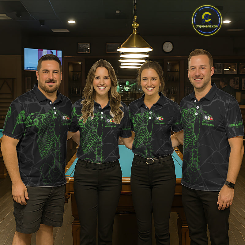 Black And Green Funny Skeleton Billiard Polo & 1/4 Zip For Women Custom Billiard Pool Team Jersey TDM5797