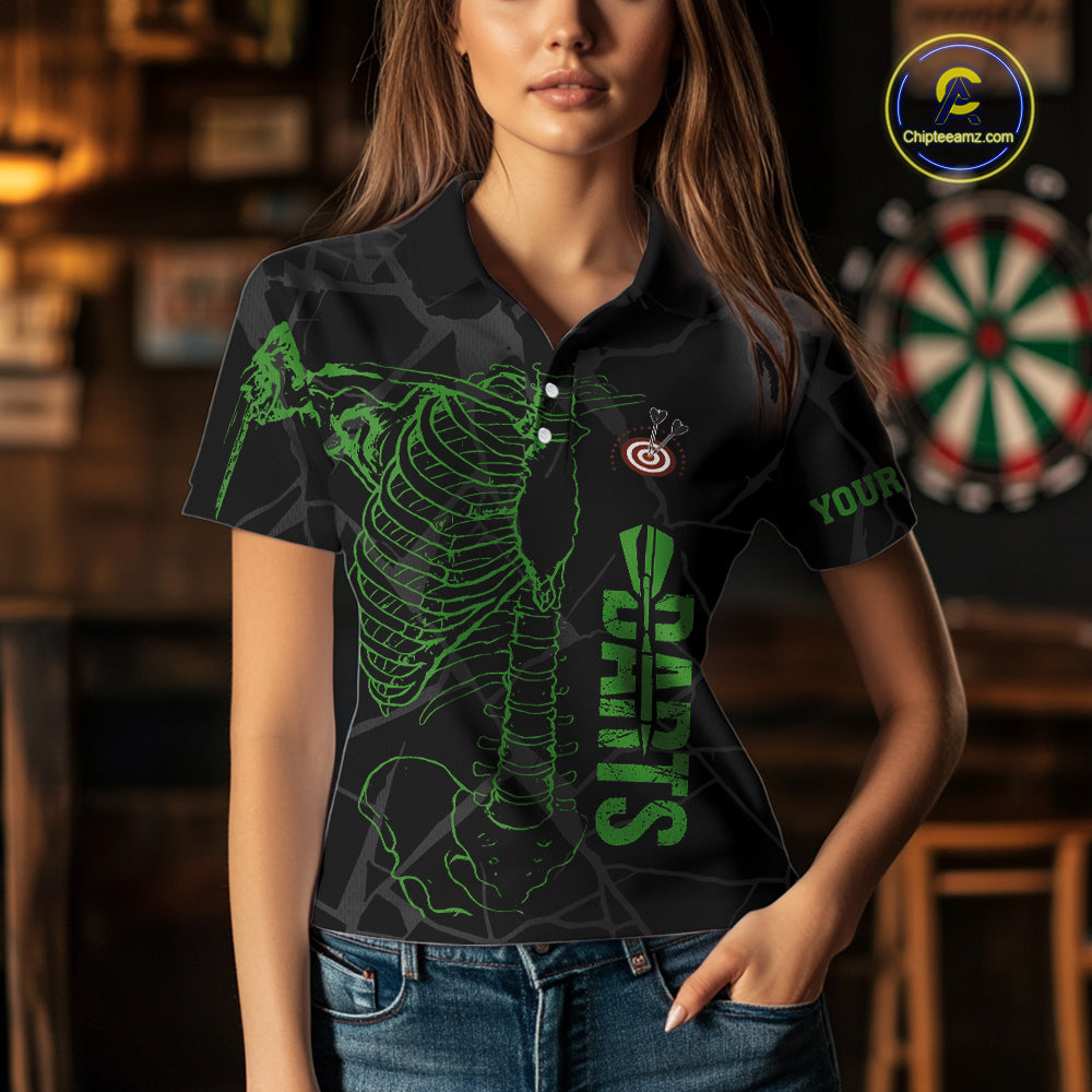 Black And Green Funny Skeleton Darts Polo & 1/4 Zip Custom Darts Shirt For Women Darts Team Jersey TDM5799