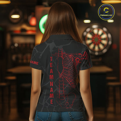Black And Red Funny Skeleton Darts Polo & 1/4 Zip Custom Darts Shirt For Women Darts Team Jersey TDM5800