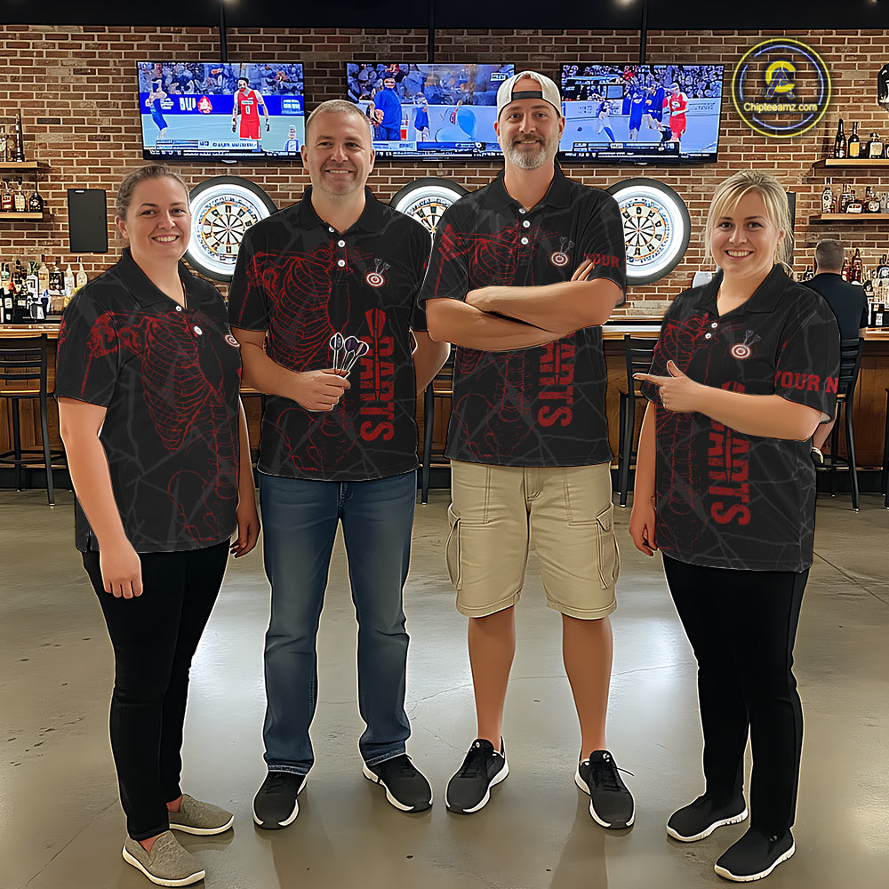 Black And Red Funny Skeleton Darts Polo & 1/4 Zip Custom Darts Shirt For Women Darts Team Jersey TDM5800