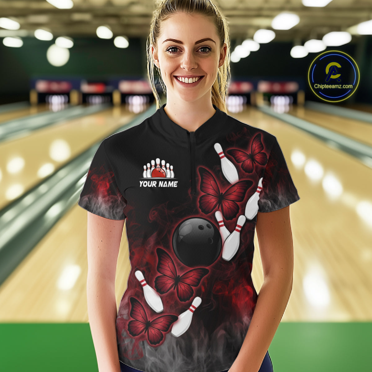 Black And Red Custom Butterfly Bowling Shirt For Women, Bowling Team Jersey Polo & Quarter Zip Shirt TDM6179