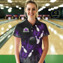 Load image into Gallery viewer, Black And Purple Custom Butterfly Bowling Shirt For Women, Bowling Team Jersey Polo &amp; 1/4 Zip Shirt TDM6180