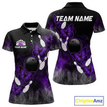 Load image into Gallery viewer, Black And Purple Custom Butterfly Bowling Shirt For Women, Bowling Team Jersey Polo &amp; 1/4 Zip Shirt TDM6180
