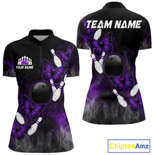 Load image into Gallery viewer, Black And Purple Custom Butterfly Bowling Shirt For Women, Bowling Team Jersey Polo &amp; 1/4 Zip Shirt TDM6180