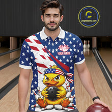 Load image into Gallery viewer, Man wearing a patriotic polo shirt with a duck graphic in a bowling alley.