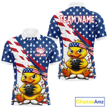 Load image into Gallery viewer, A polo shirts with a duck holding a bowling ball design, one with an American flag pattern and customized name text