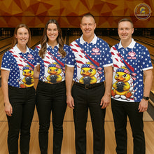 Load image into Gallery viewer, Four people wearing matching American flag-themed shirts with a duck graphic on a bowling alley.