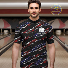Load image into Gallery viewer, Man wearing a black American flag quarter zip bowling shirt front view, personalized bowling team apparel.